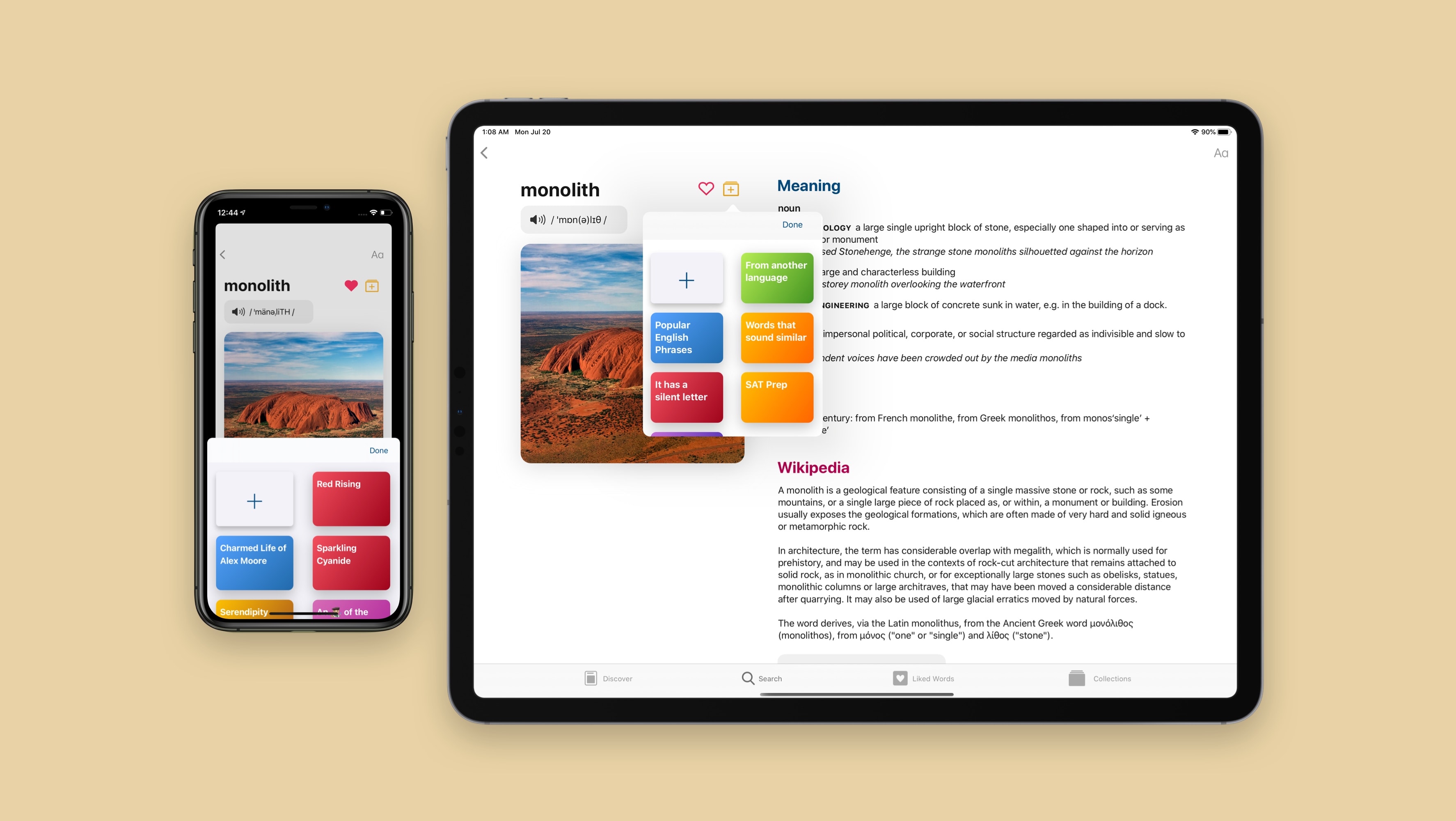 An iPhone and an iPad showing the same Lookup screen, to show the scaleable UI.