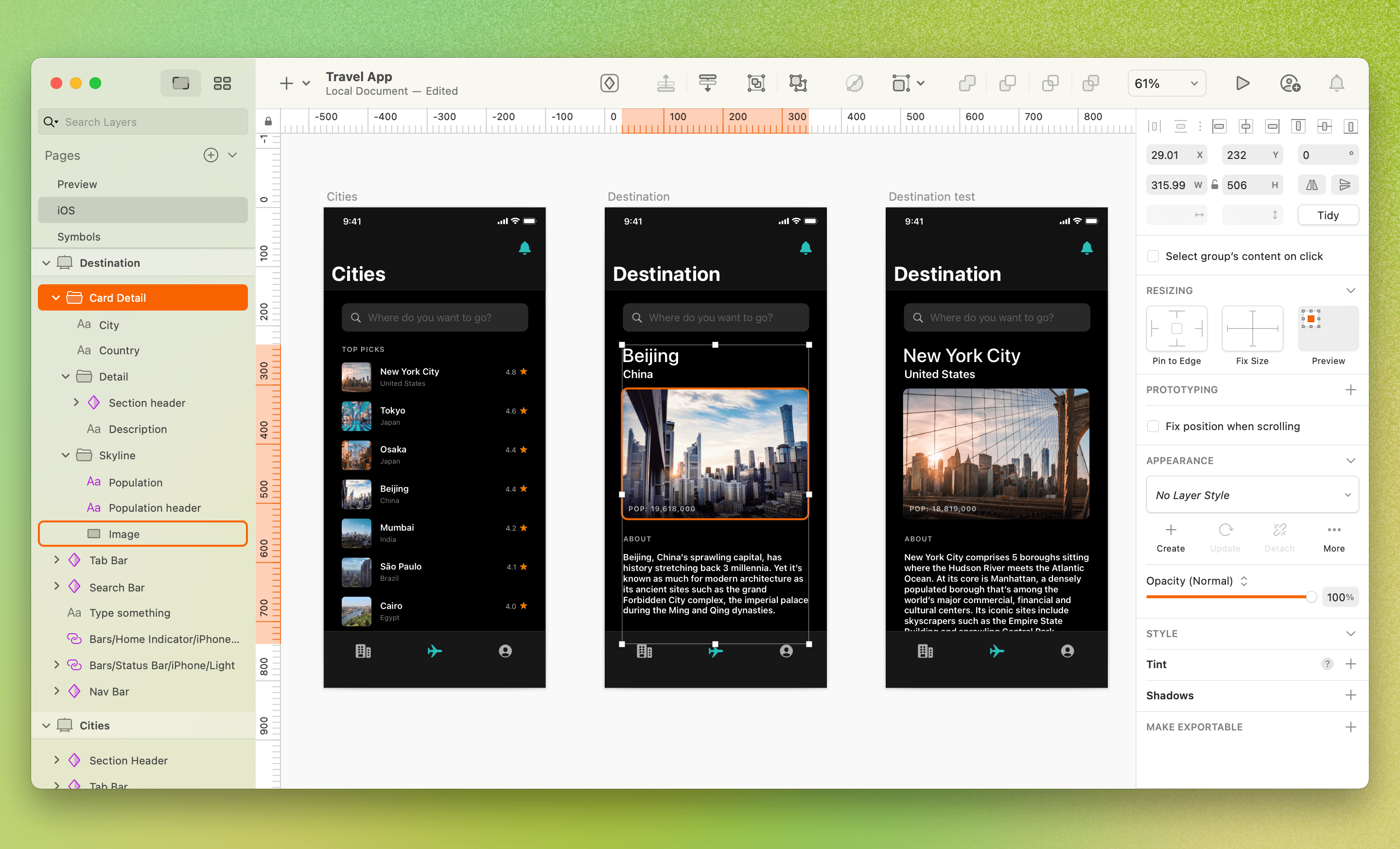 An image showing two different Artboards in a Sketch document. One uses only a few parts of the JSON data set, while the other uses every attribute.