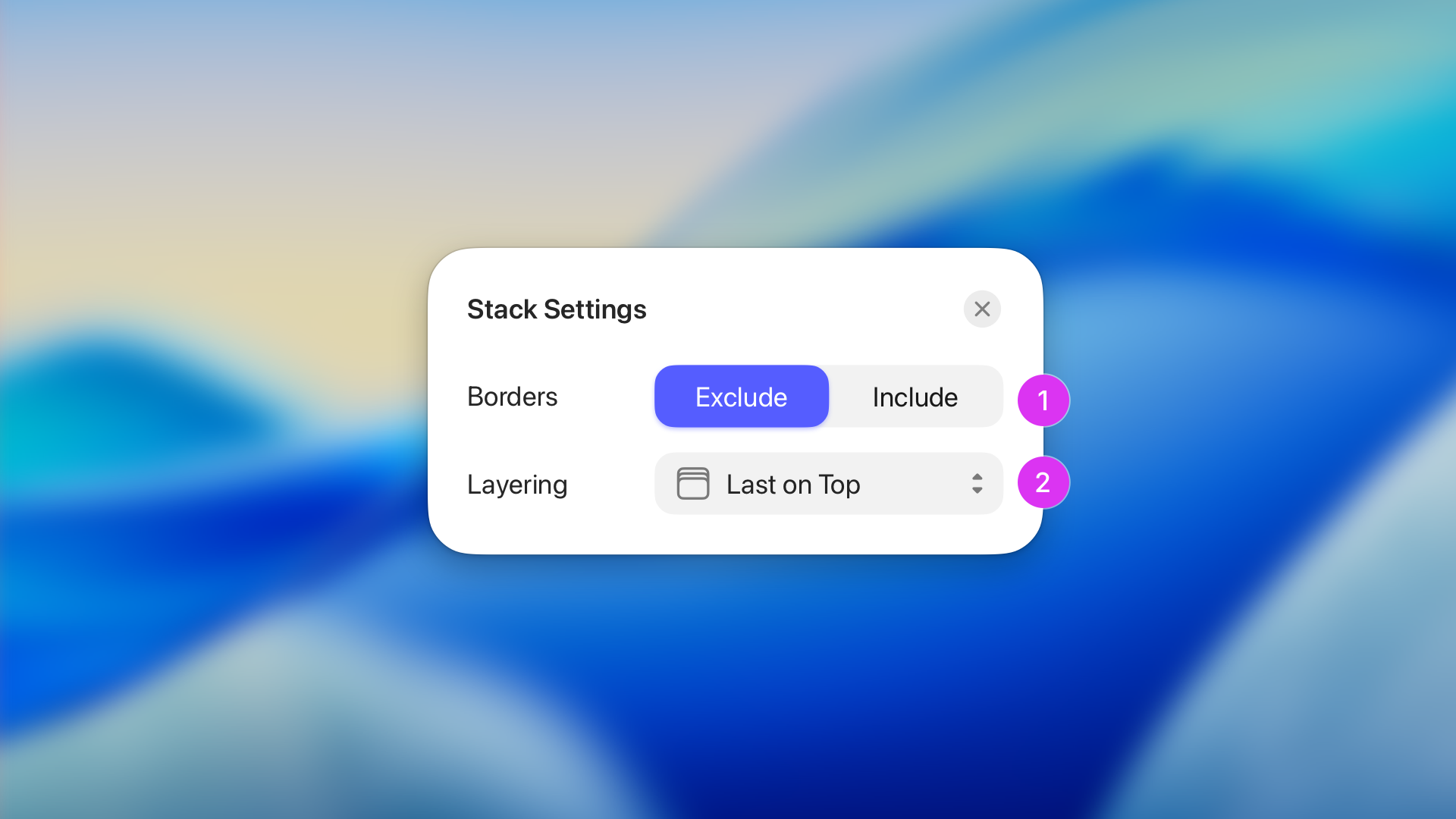 The Stack settings panel, showing the Borders toggle and Layering dropdown, numbered to match the list below.