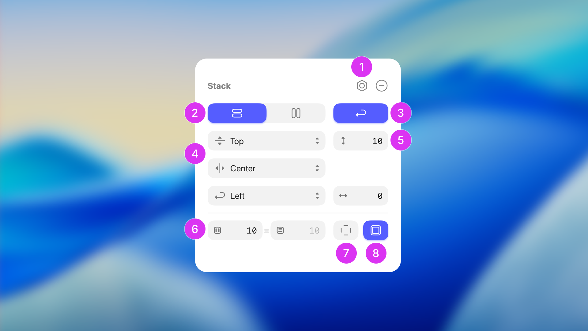 The Stack section of the Inspector, showing direction, wrap, alignment, spacing, and padding controls, numbered to match the list below.