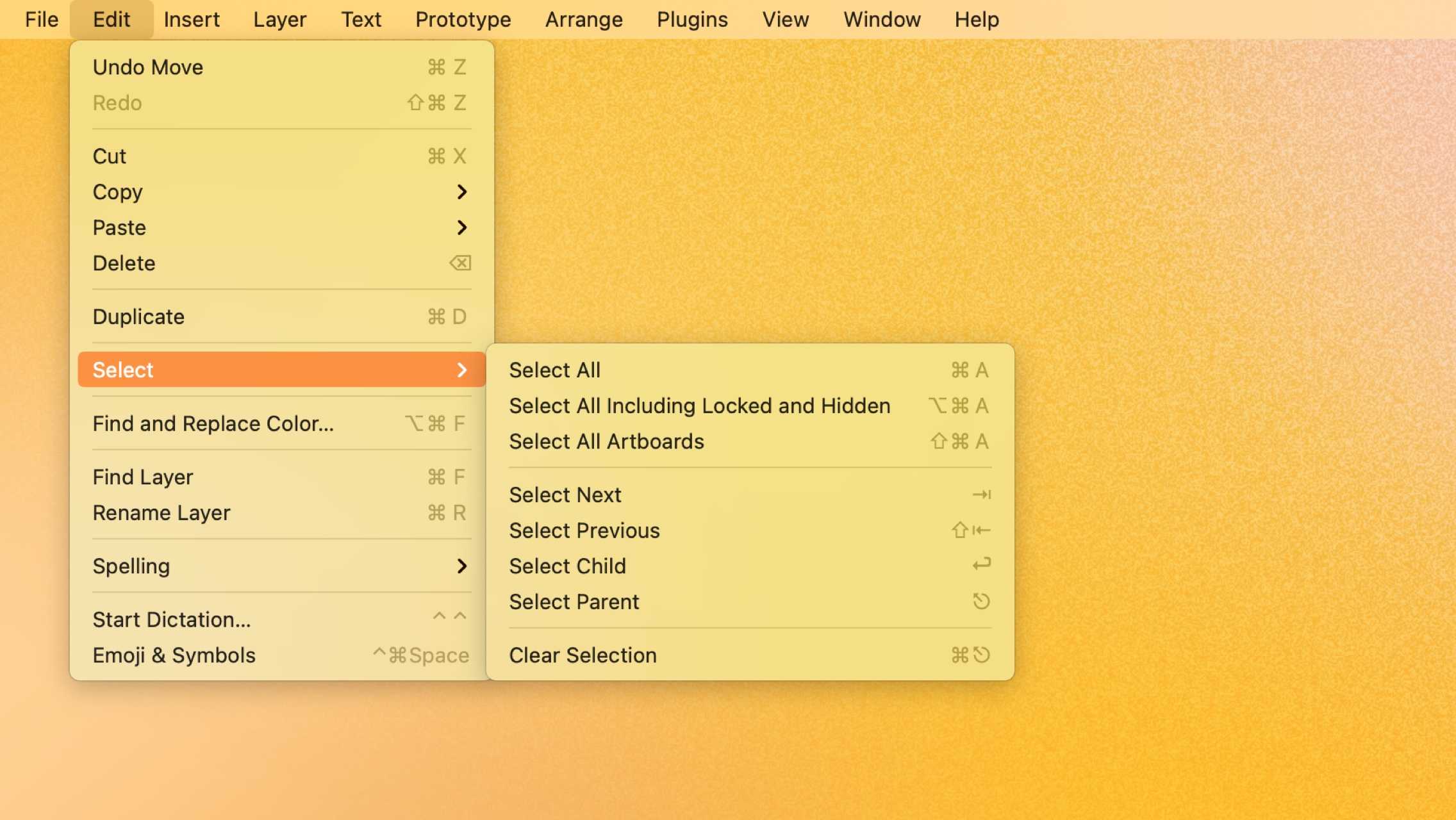 An image showing the different shortcuts to naviagte layers in the edit > select menu
