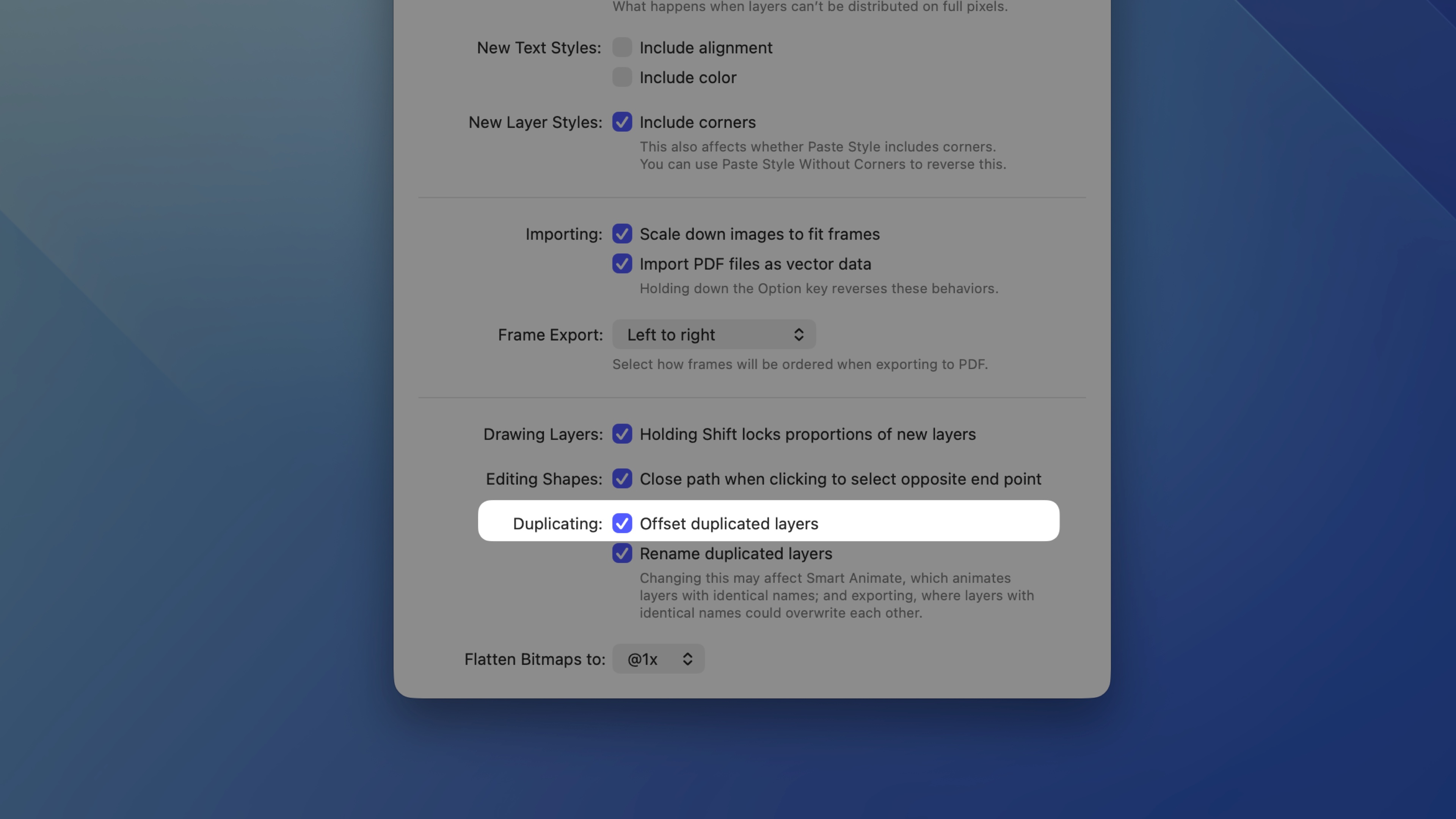 The Offset duplicated layers option in Sketch Settings