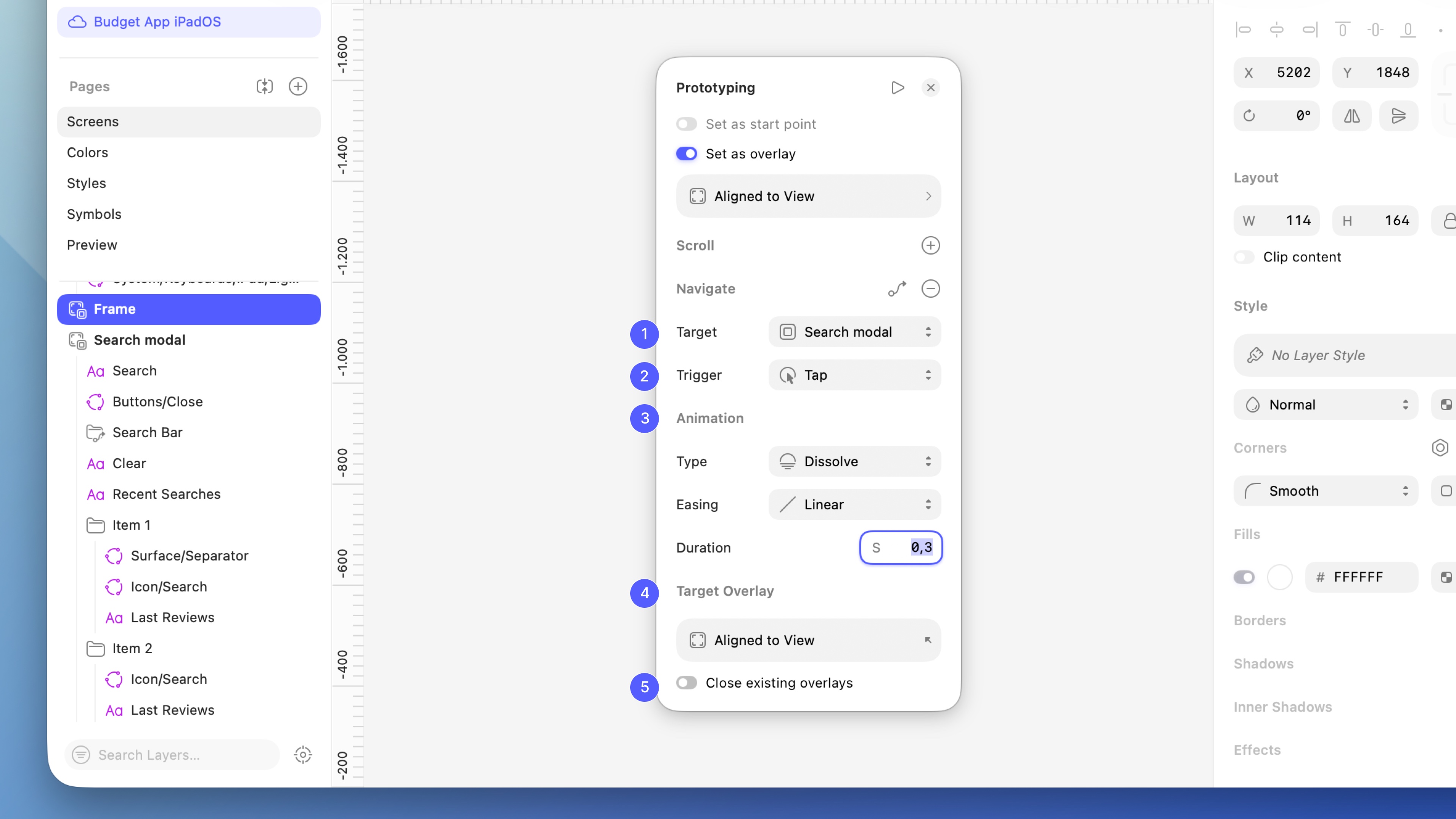 An annotated image showing the Prototyping panel with a Navigate interaction targeting an Overlay