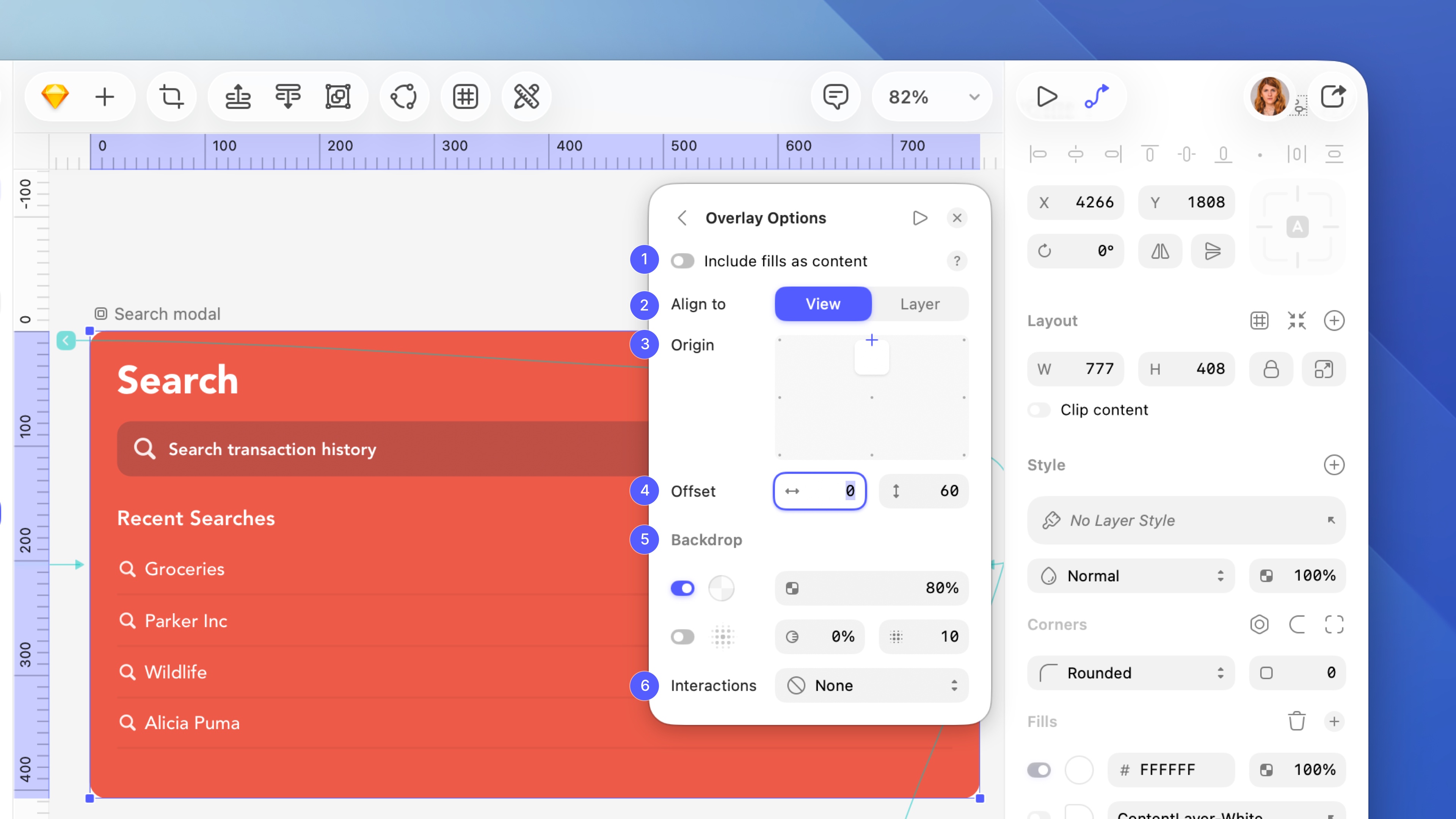 An annotated image showing the Overlay Options panel in Sketch
