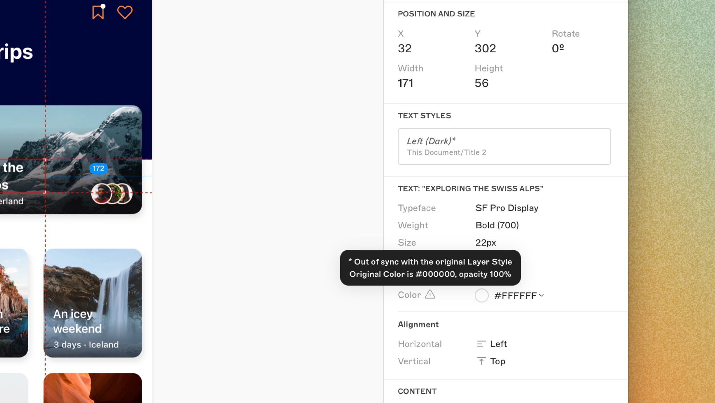 An image showing a dirty text style in the web app inspector