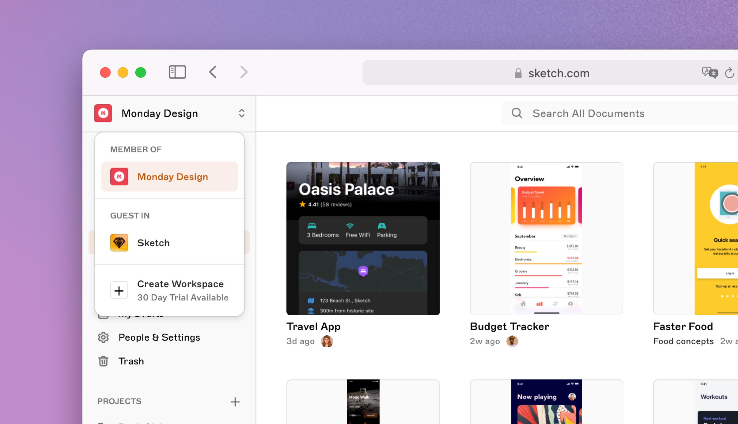 An image showing the workspace switcher in the web app