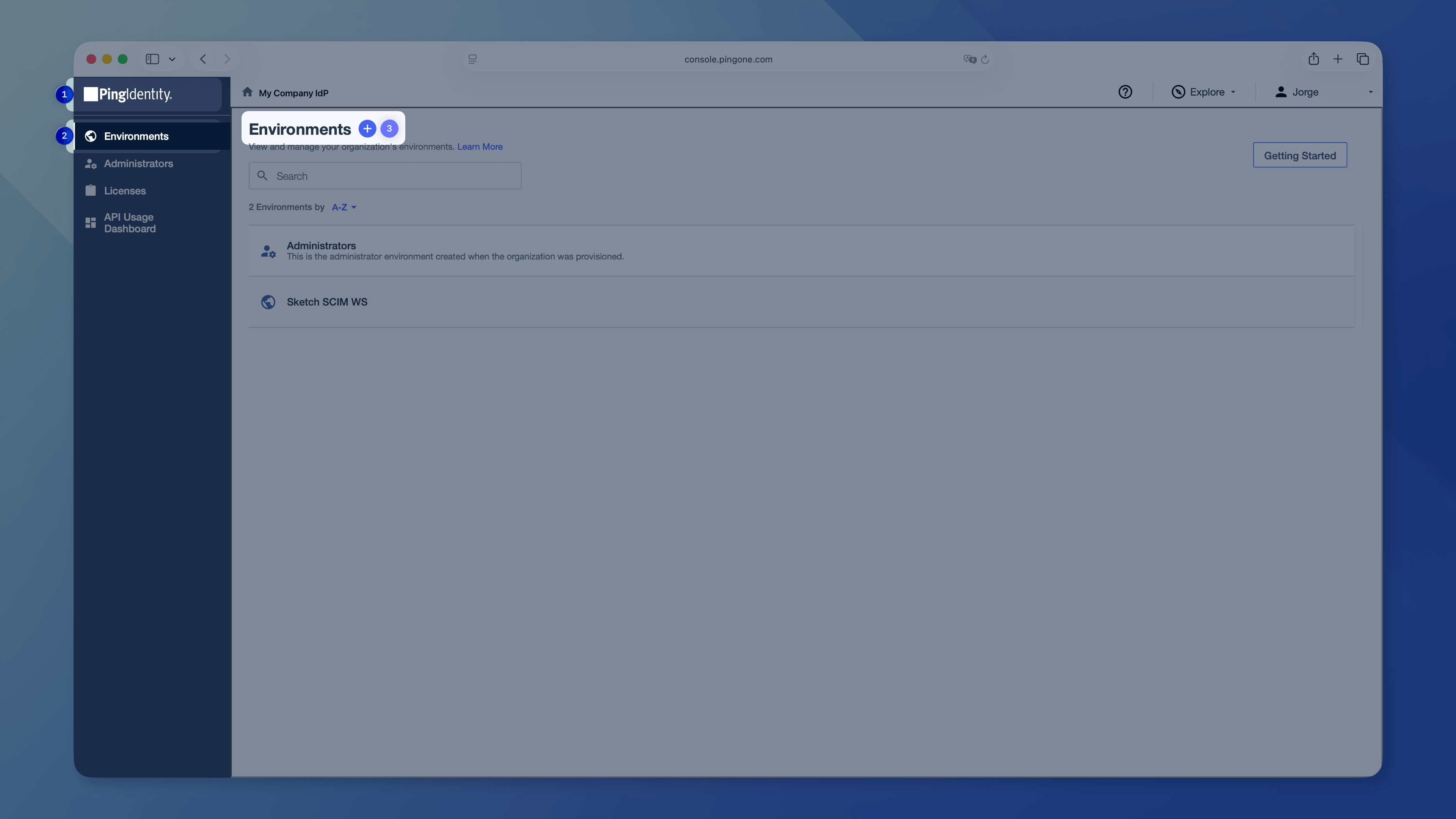 An image showing the Environments page in PingOne