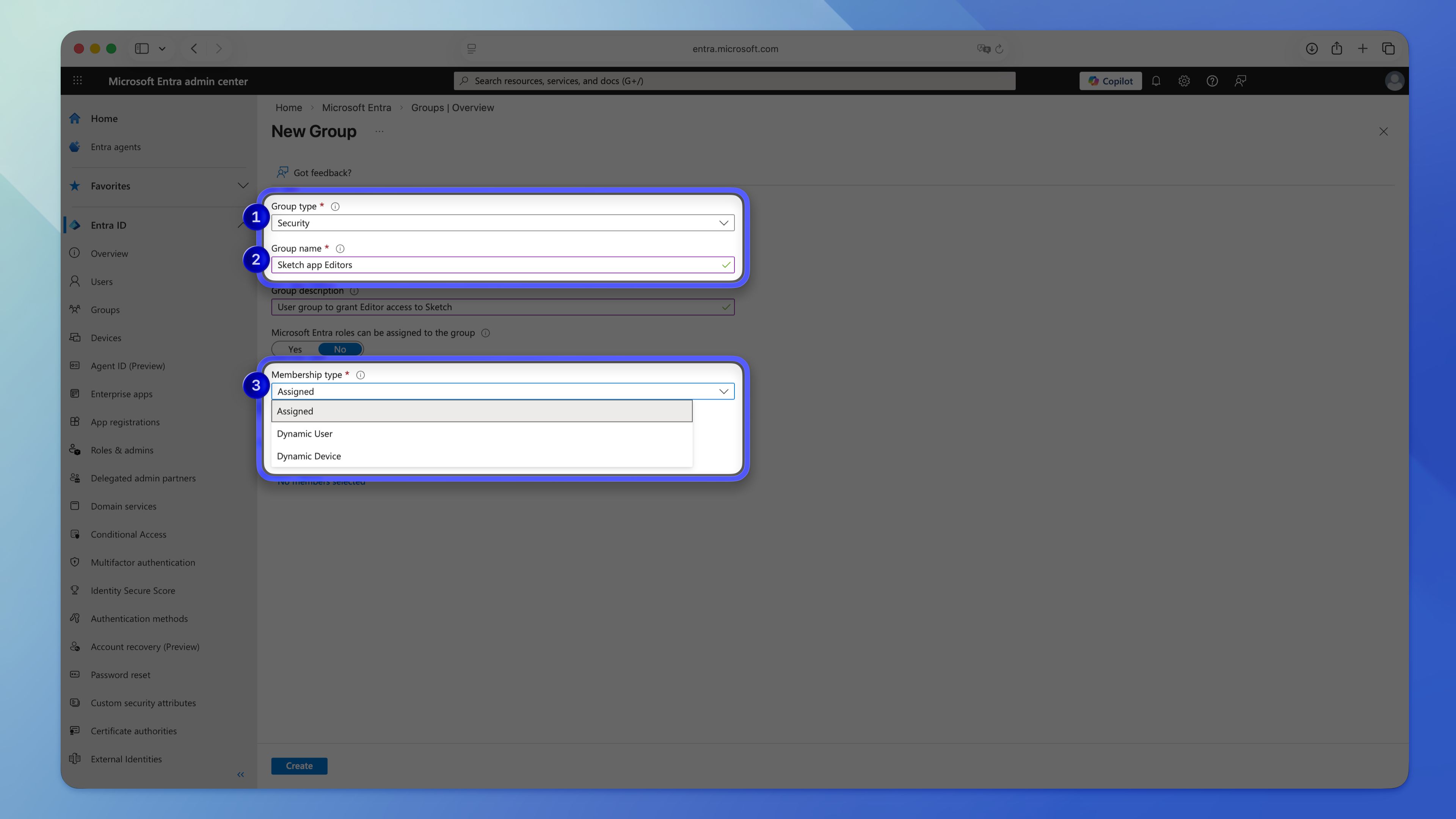 An image showing how to create security groups in Microsoft Entra ID