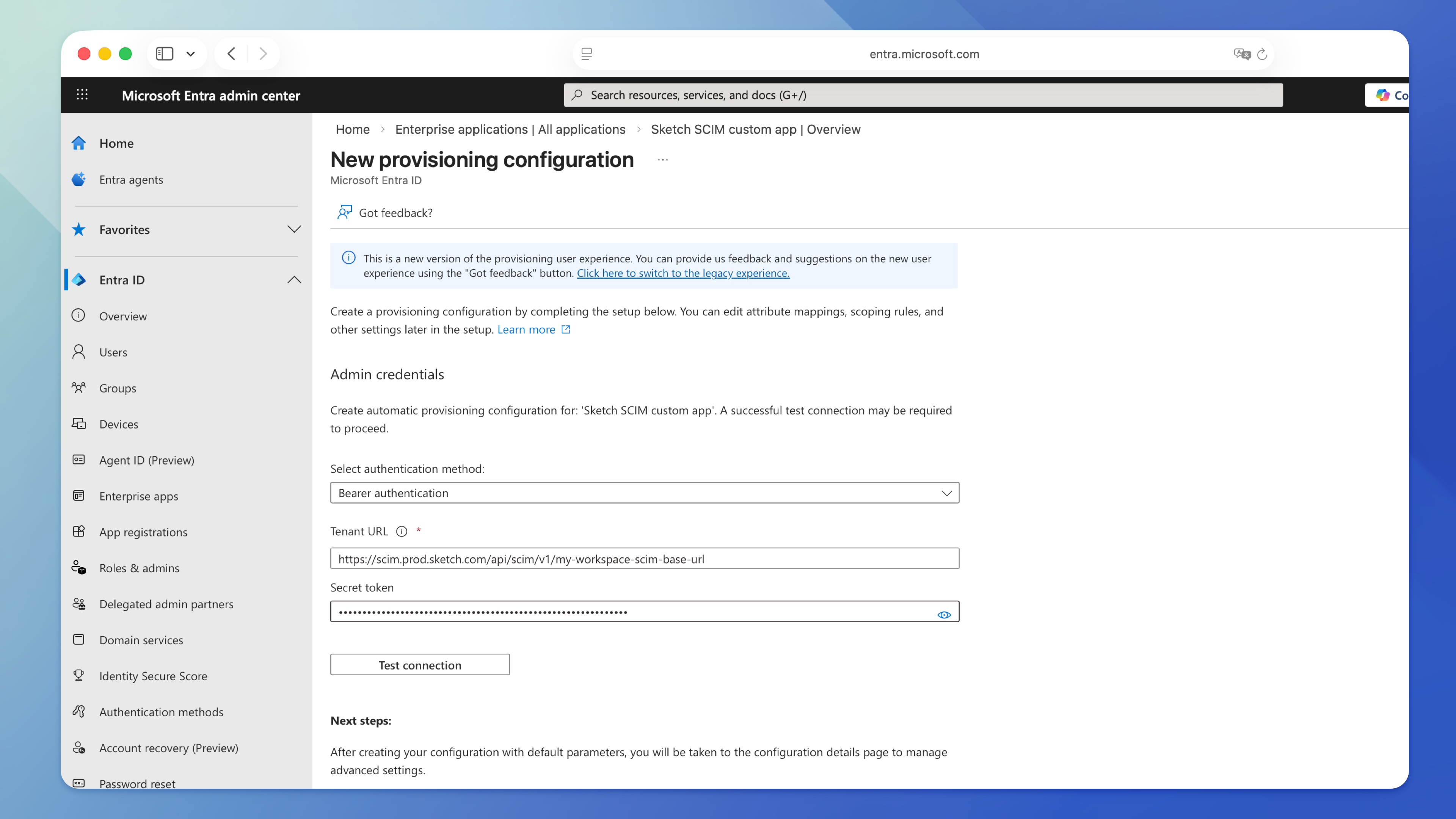 An image showing the provisioning credentials section in Microsoft Entra ID