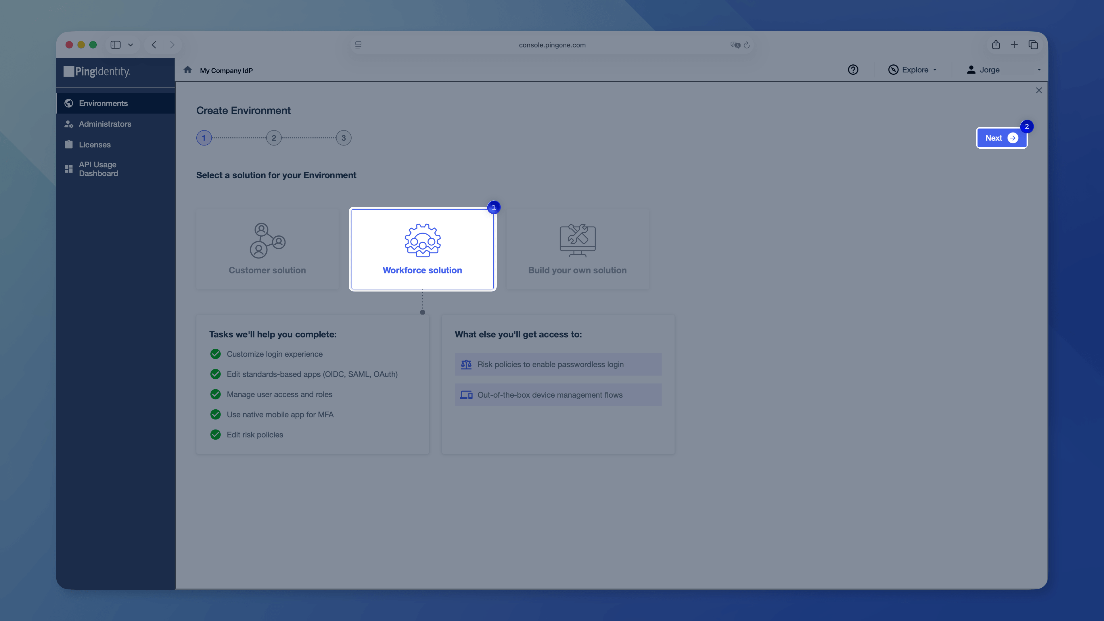 An image showing the Create Environment wizard in PingOne