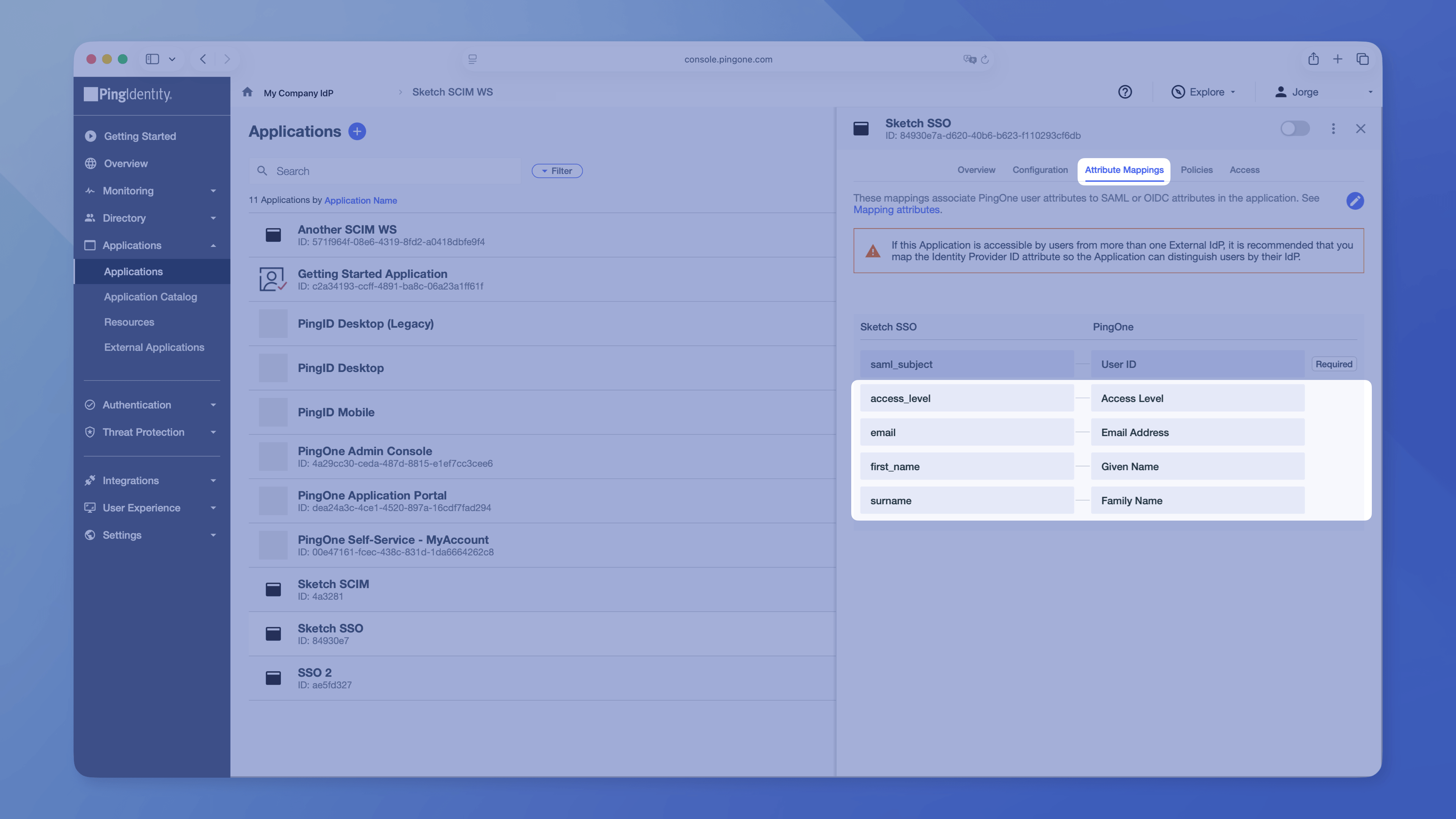 An image showing the attribute mappings for the Sketch SAML app in PingOne