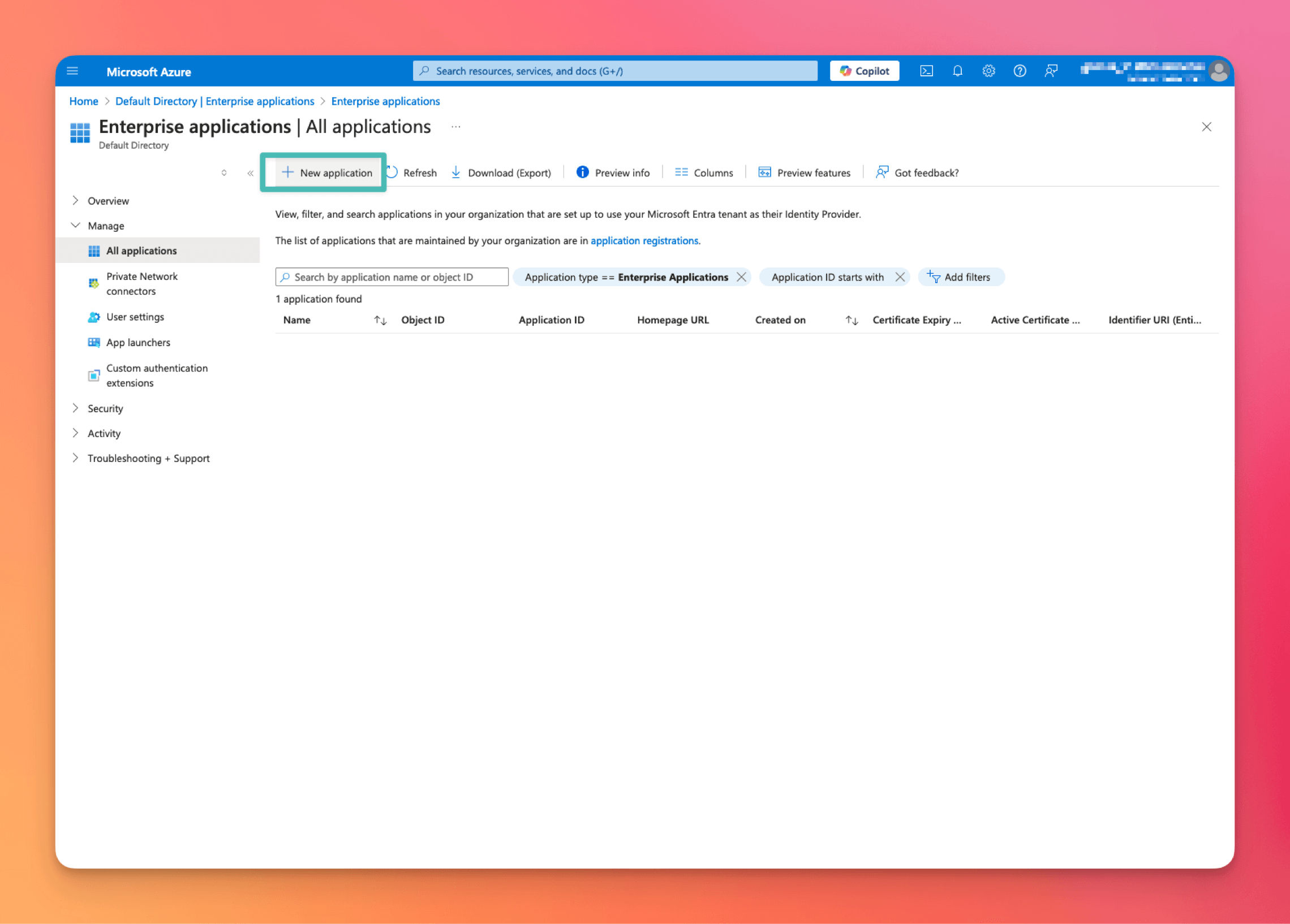 An image showing the new application button in Microsoft Entra ID