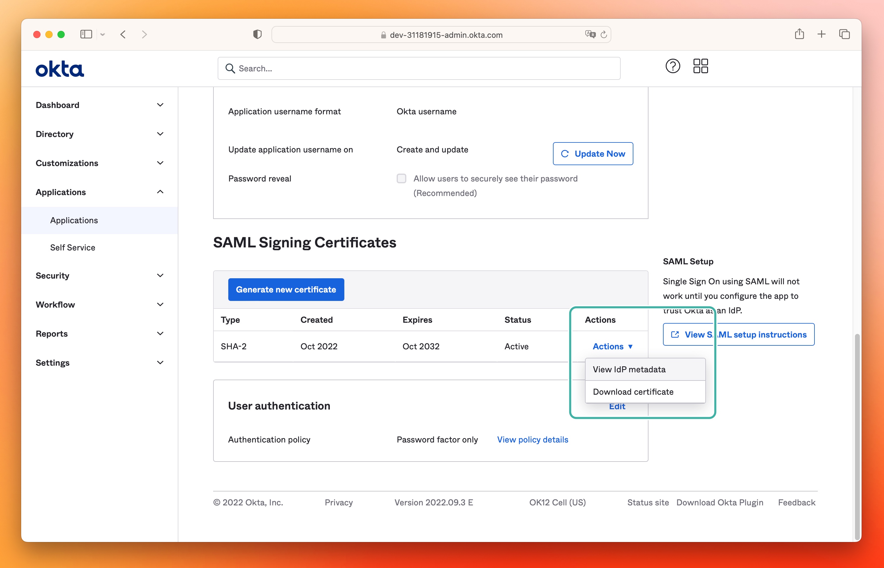 An image showing the View IdP metadata link in the Actions menu in Okta