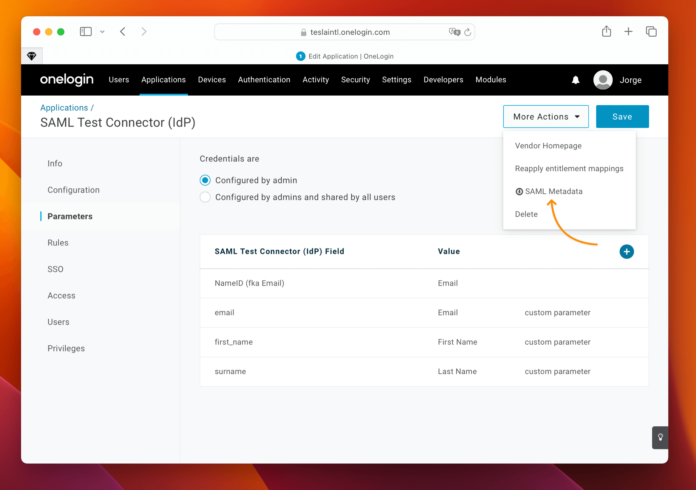 An image showing how to export the metadata file in OneLogin