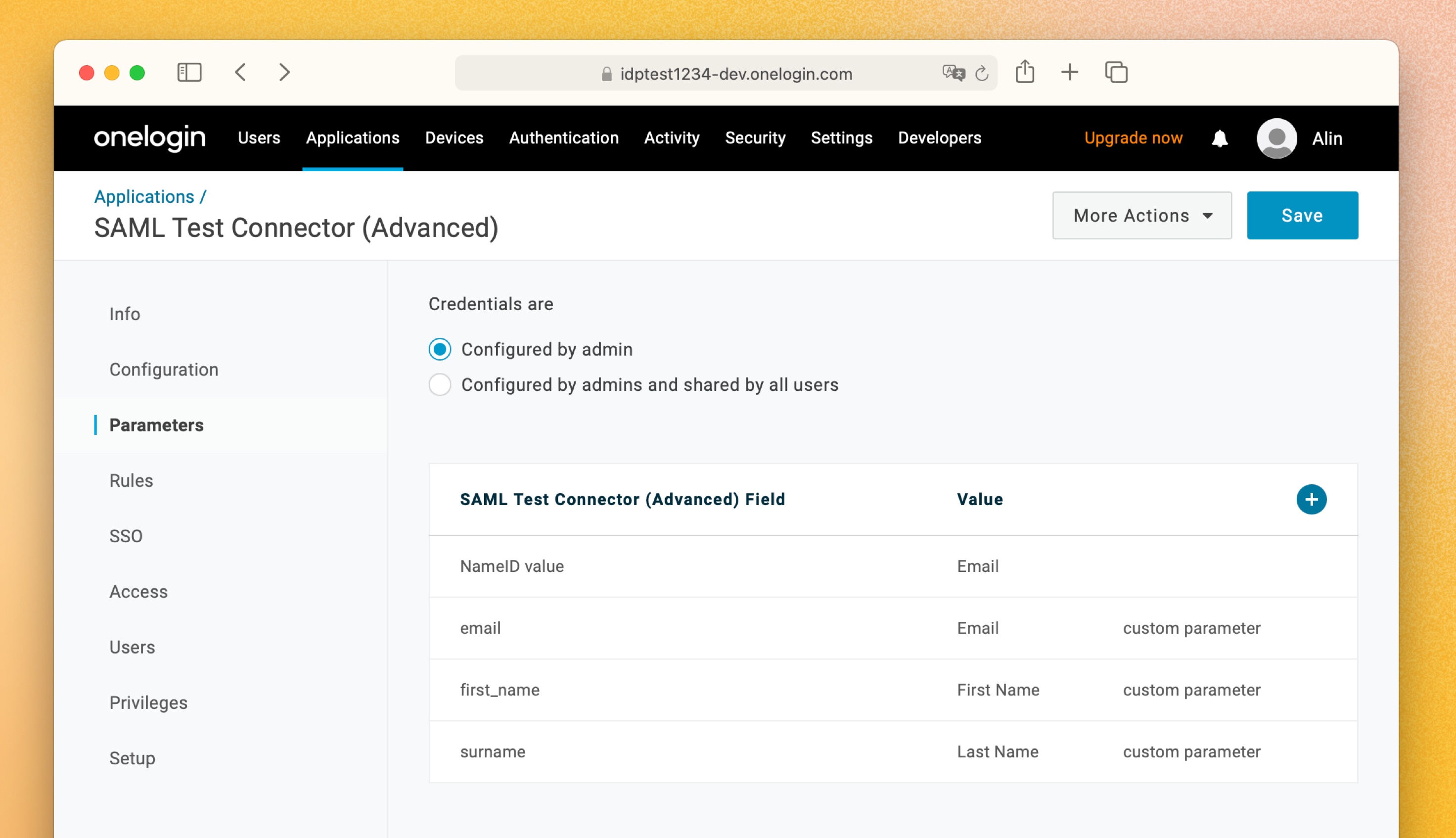 An image showing the SAML parameters in OneLogin