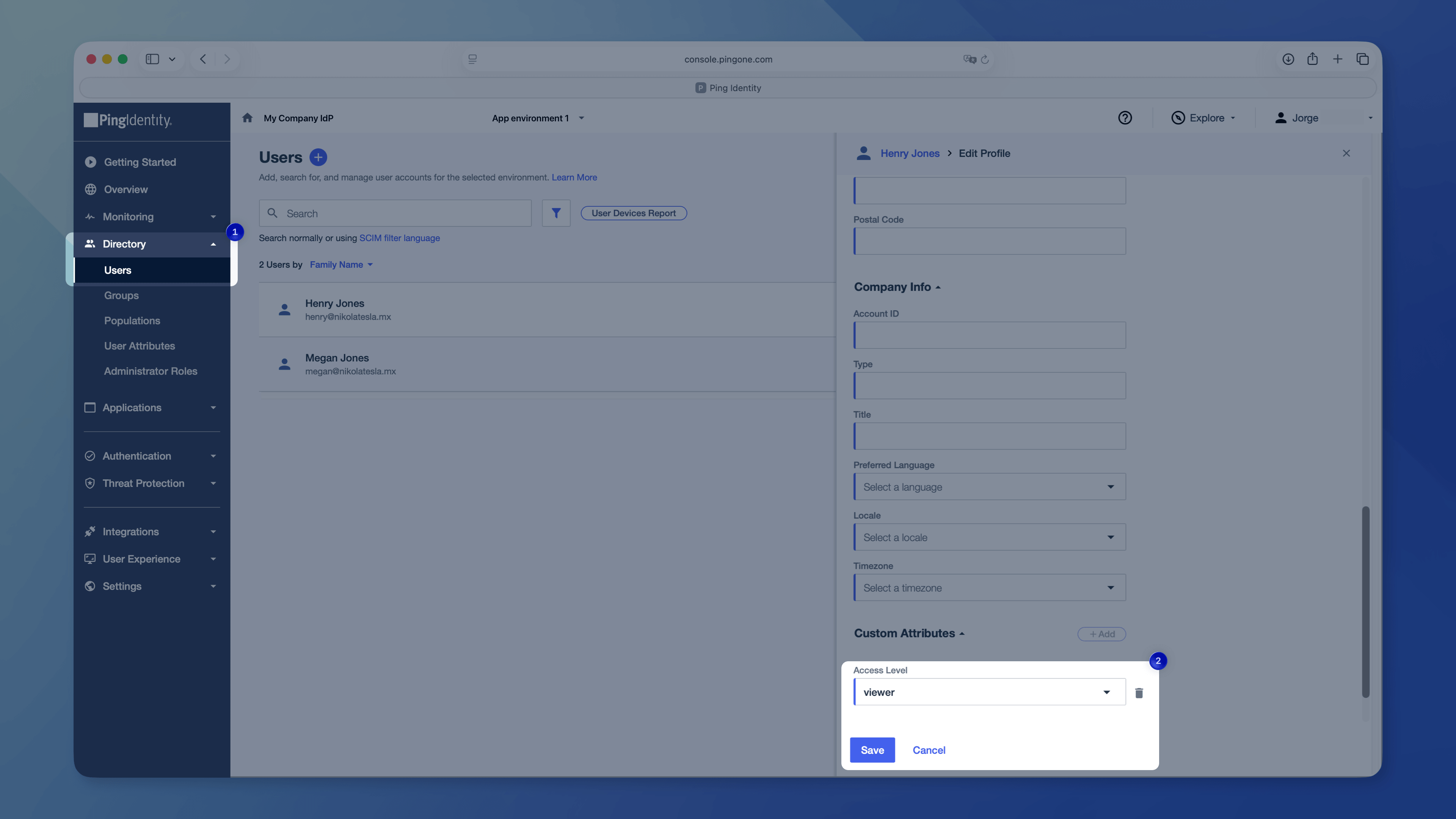An image showing the Edit User form in PingOne with a custom Access Level attribute applied