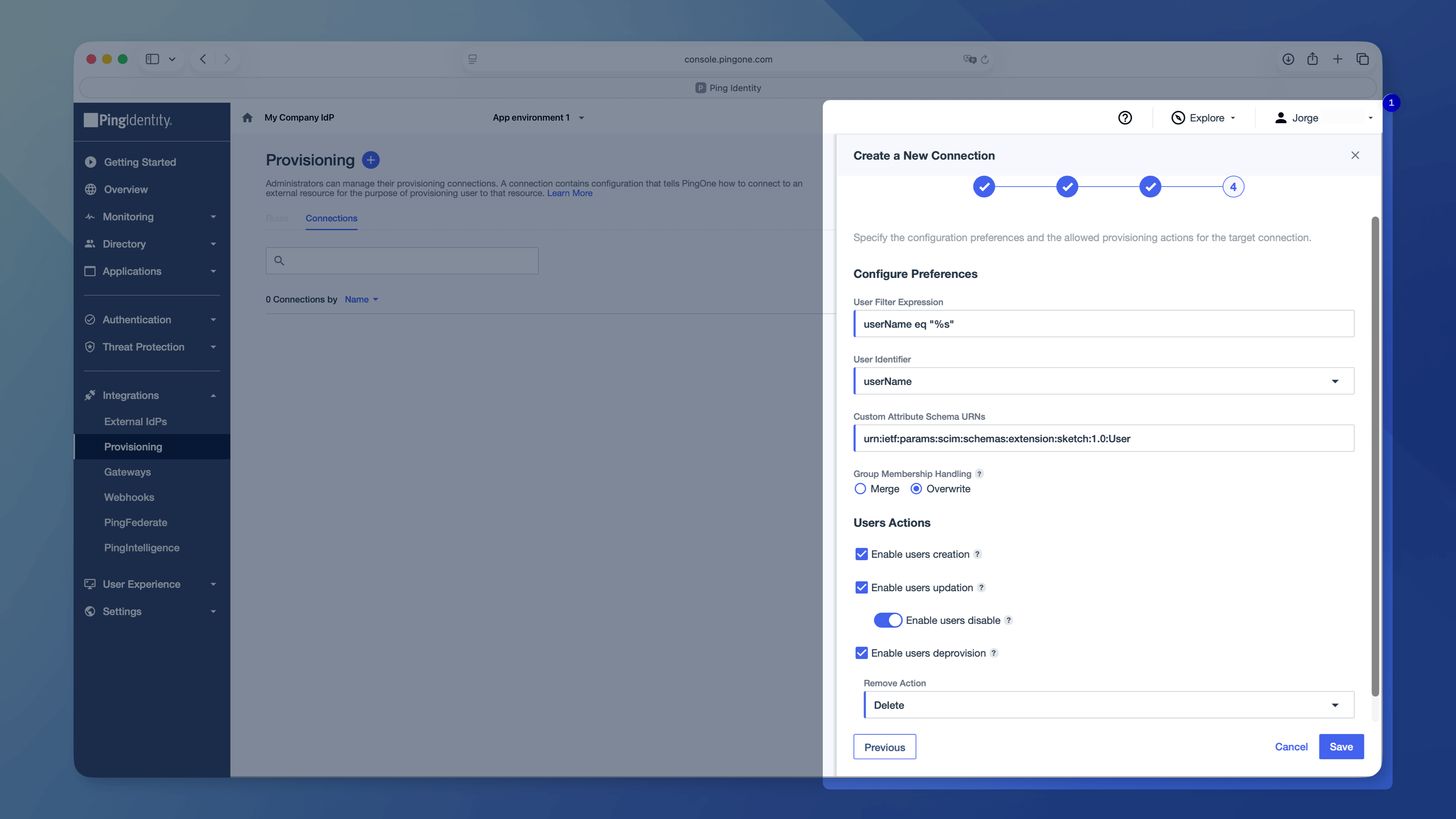 An image showing the connection preferences form in PingOne with the custom schema URN and provisioning options enabled