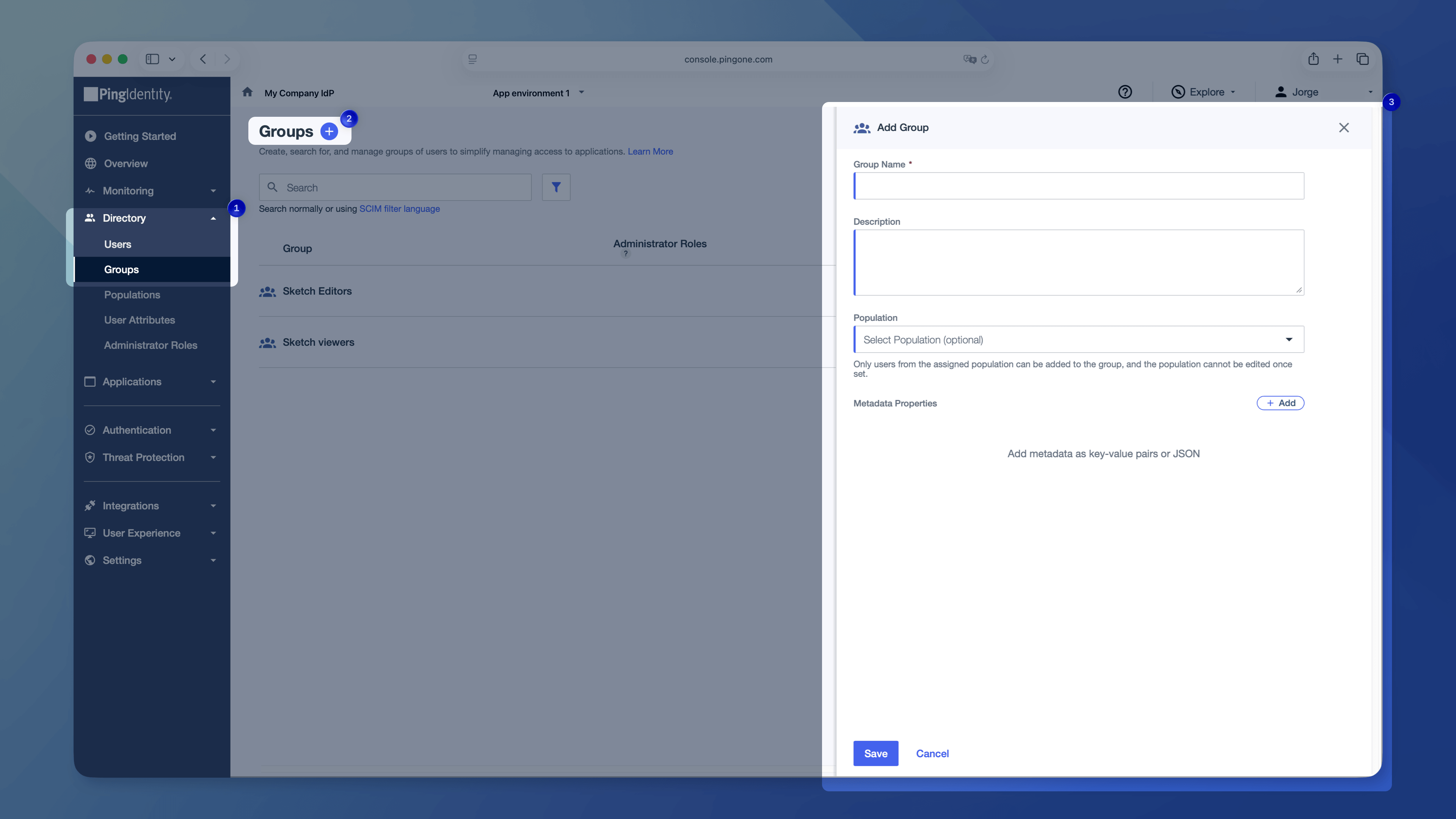 An image showing the Groups page in PingOne with Sketch editor and viewer groups listed