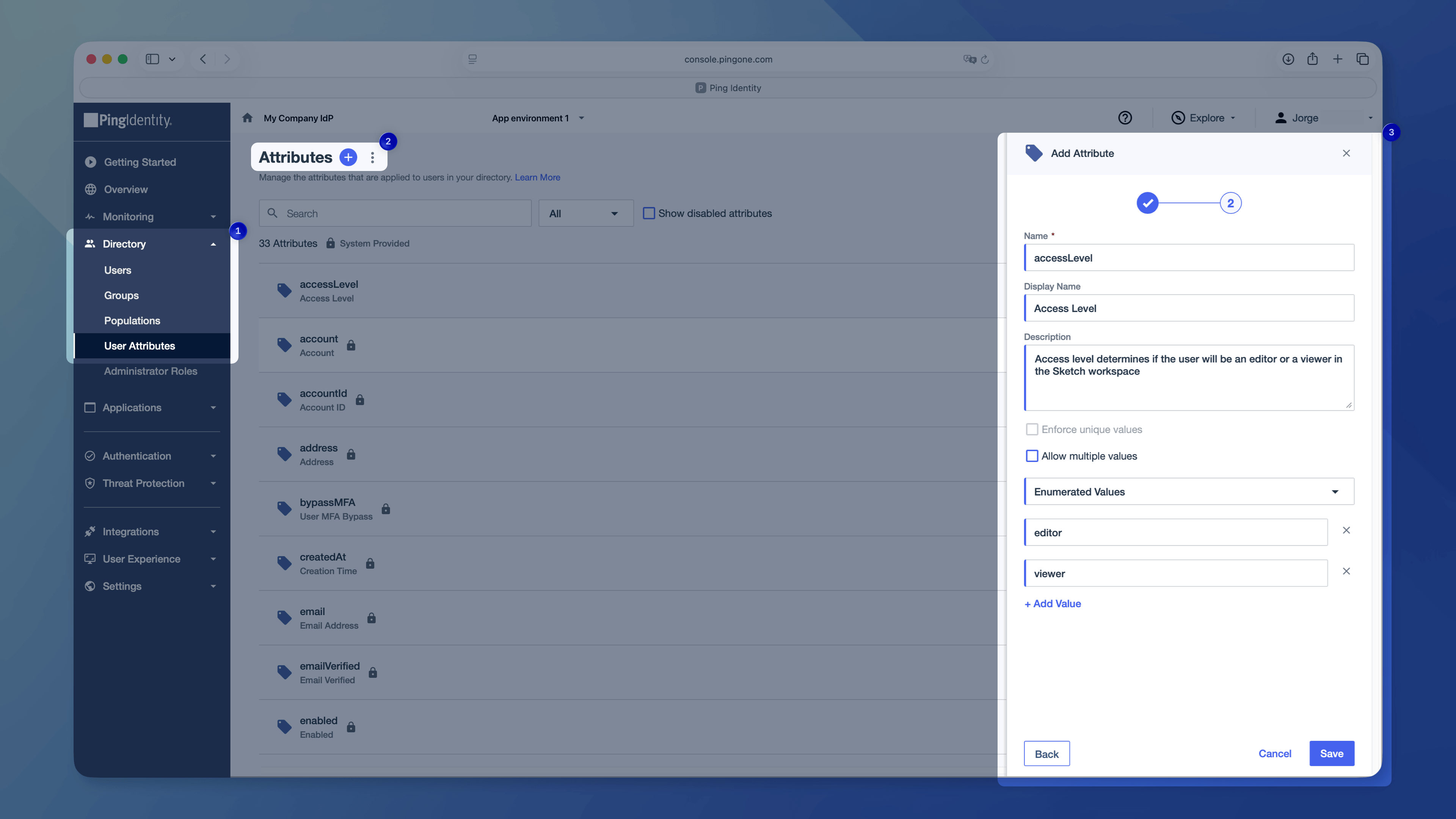 An image showing the custom user attribute form in PingOne with enumerated editor and viewer values