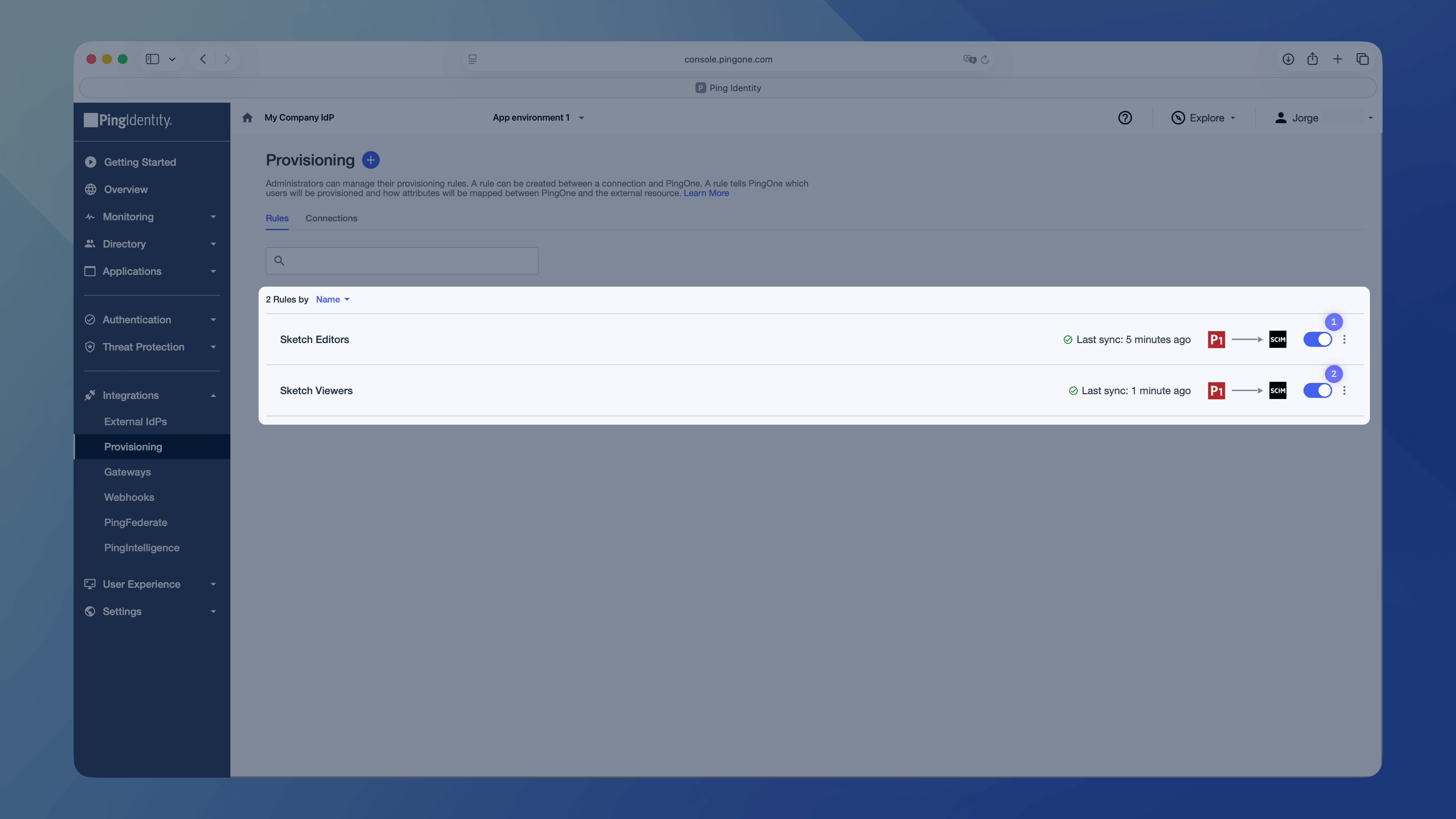 An image showing the enabled provisioning rules for Sketch in PingOne