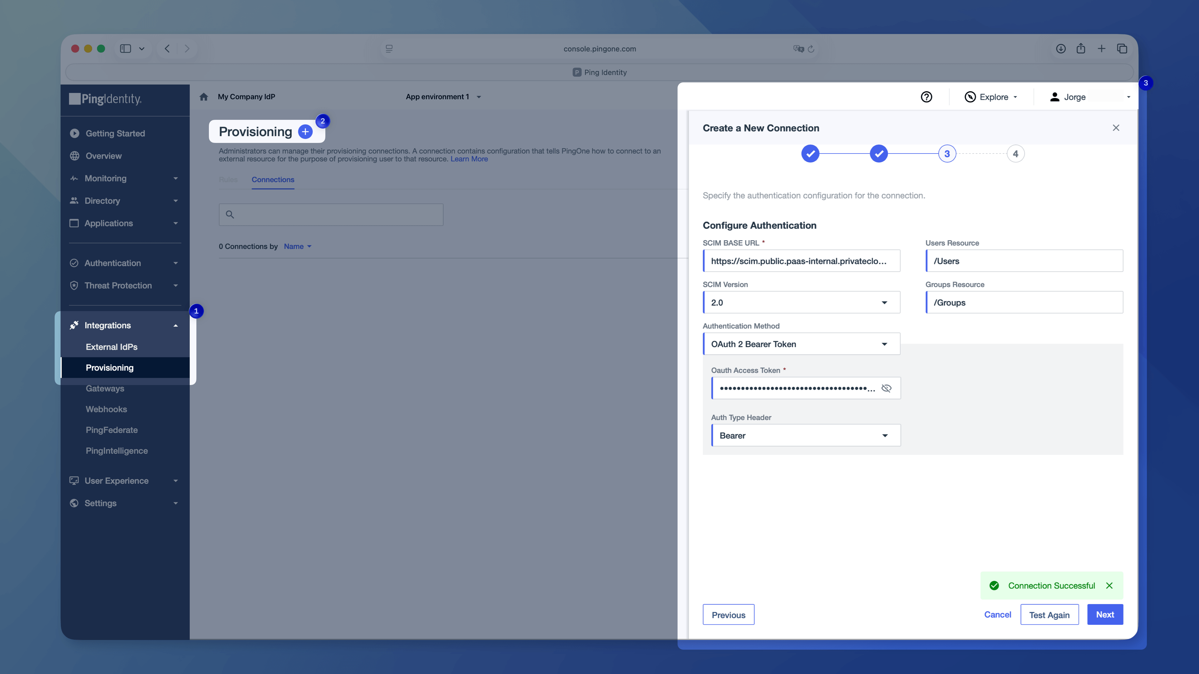 An image showing the new SCIM outbound connection form in PingOne with the base URL and token fields
