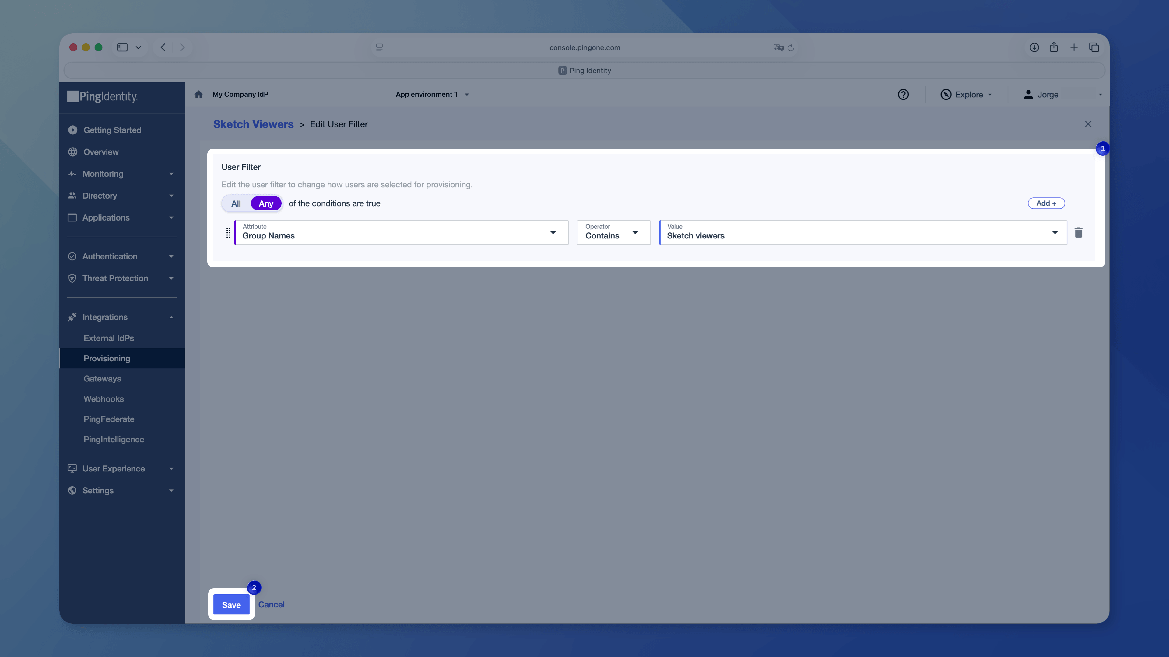 An image showing the Edit User Filter dialog in PingOne with Group Names set to contain the Sketch viewers group