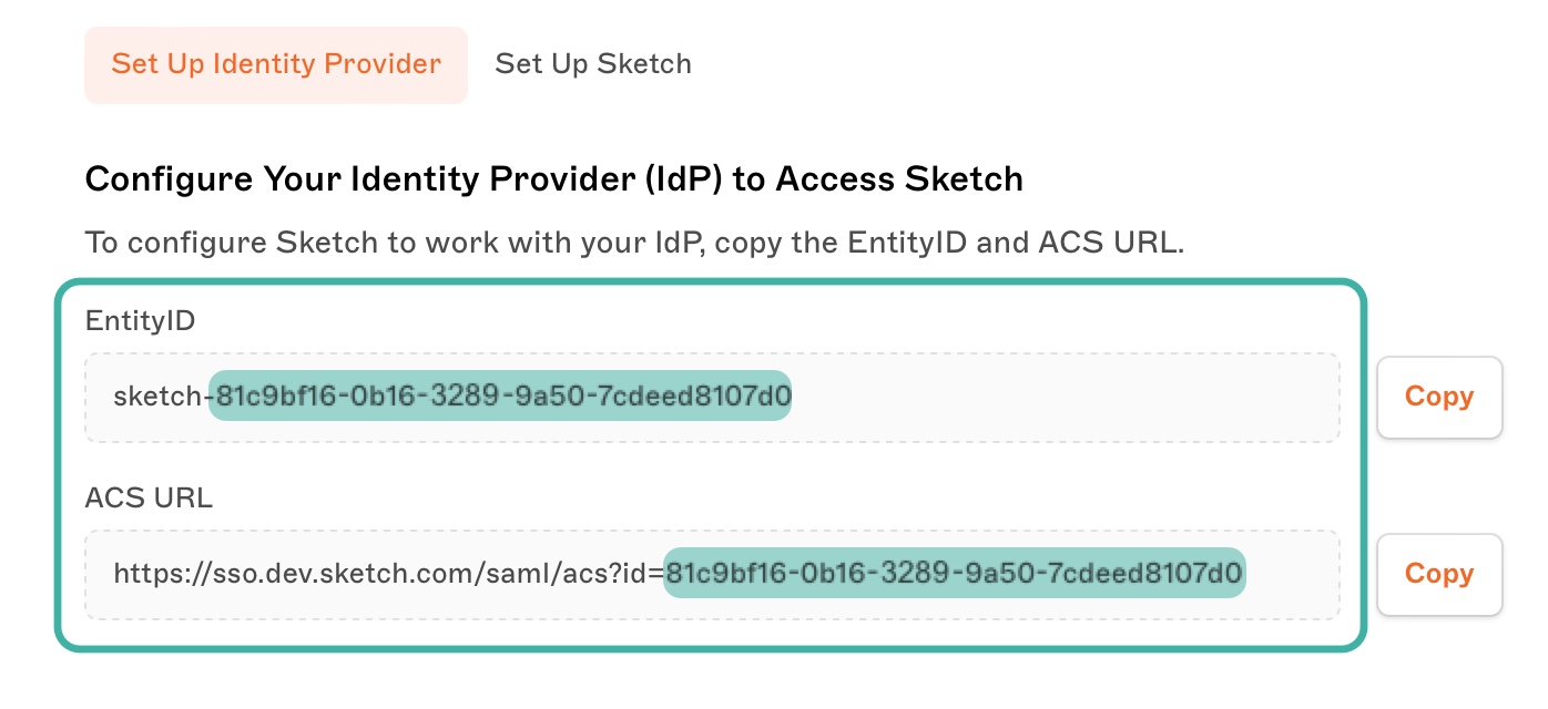 An images highlighting the Workspace ID in the Single Sign-On tab of the People & Settings page in the Sketch web app