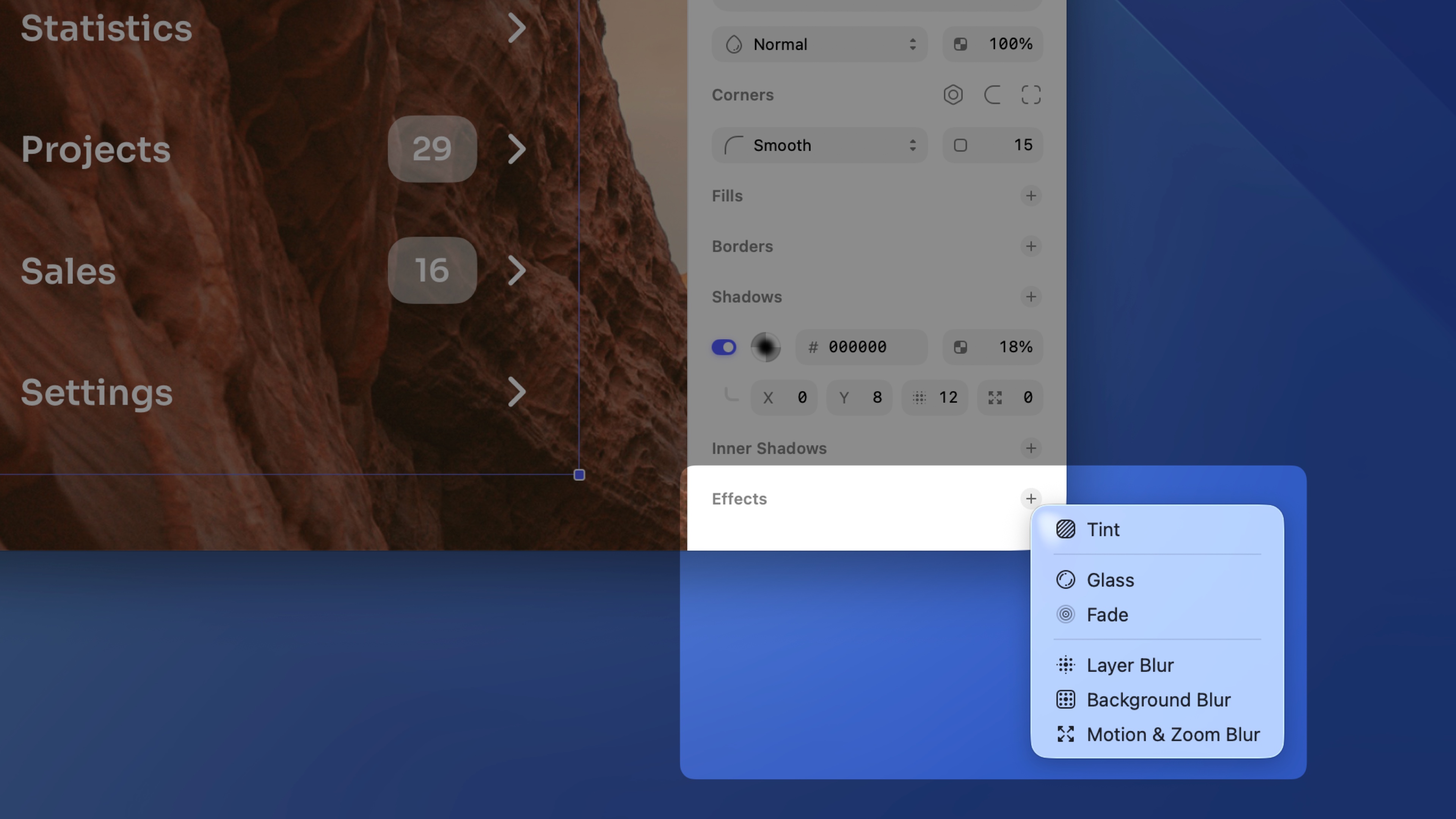 An image showing the add button next to Effects in the Inspector