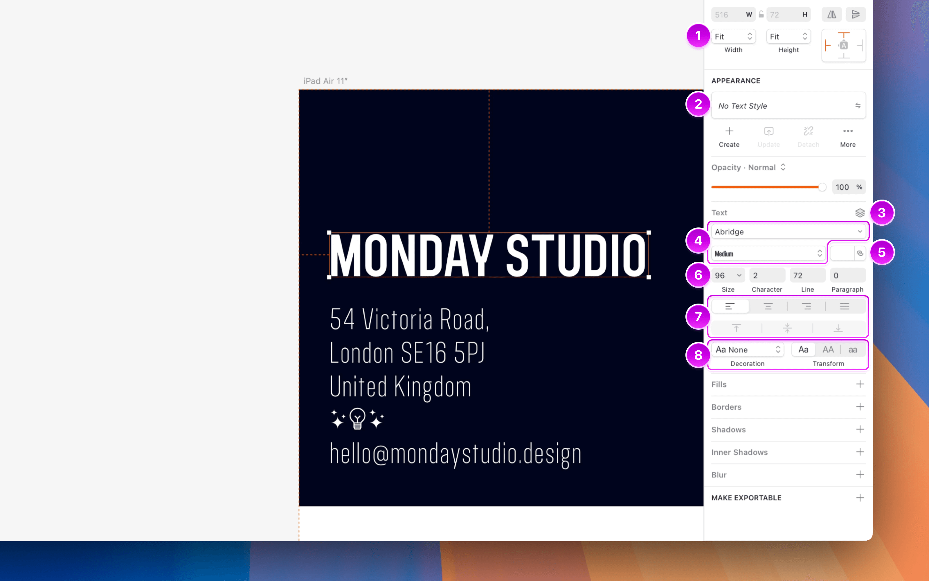 An annotated image showing text formatting options in the Inspector
