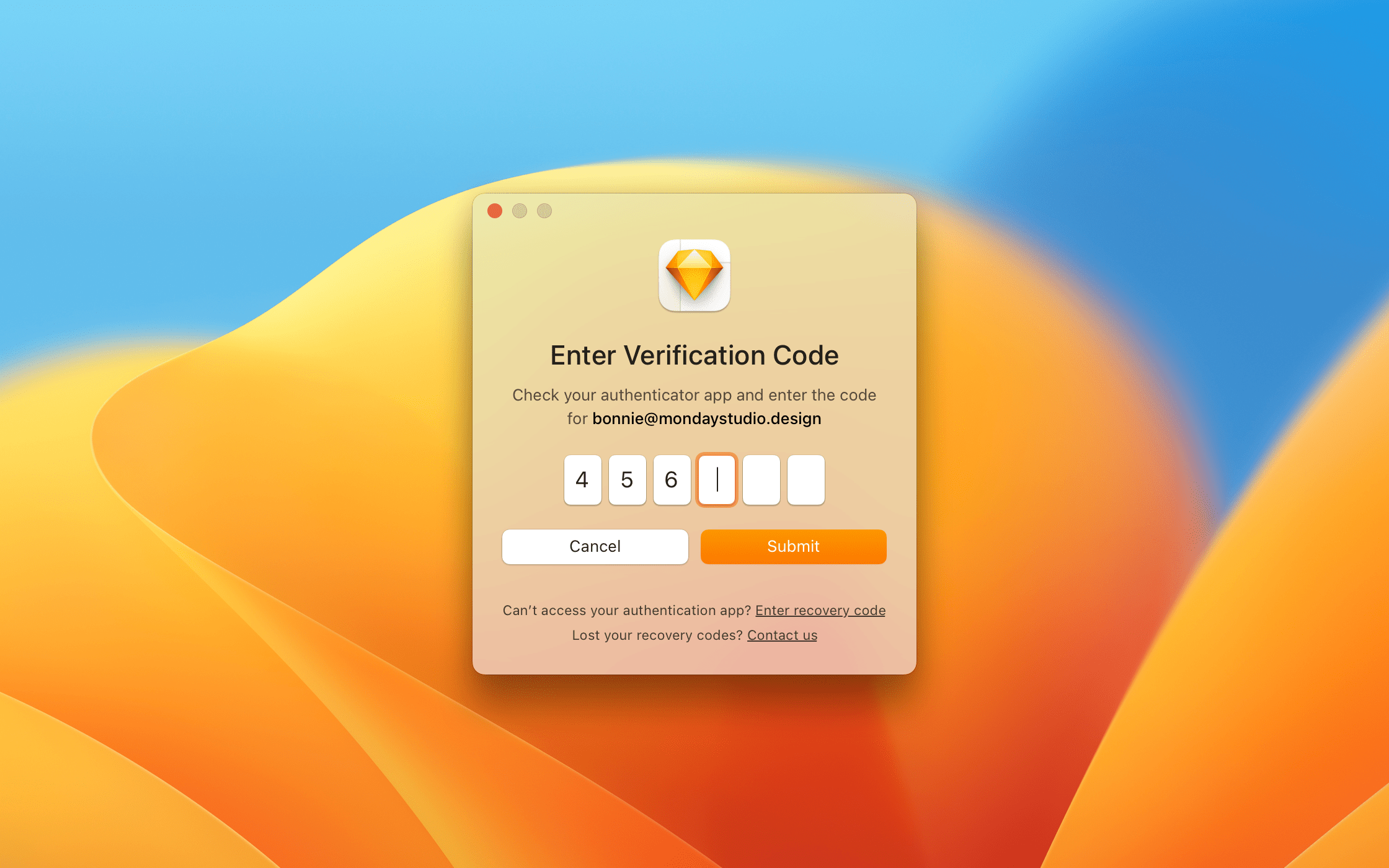 An image showing the 2FA verification code window when signing in to the Mac app.