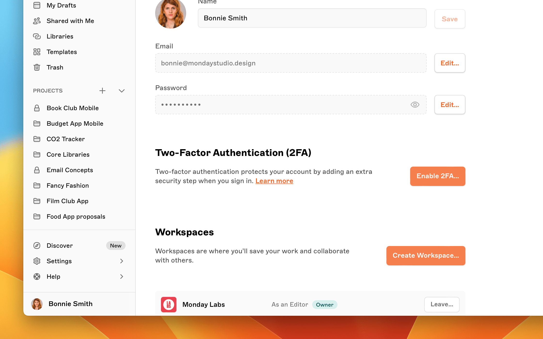 An image showing the two factor section in your Sketch Account