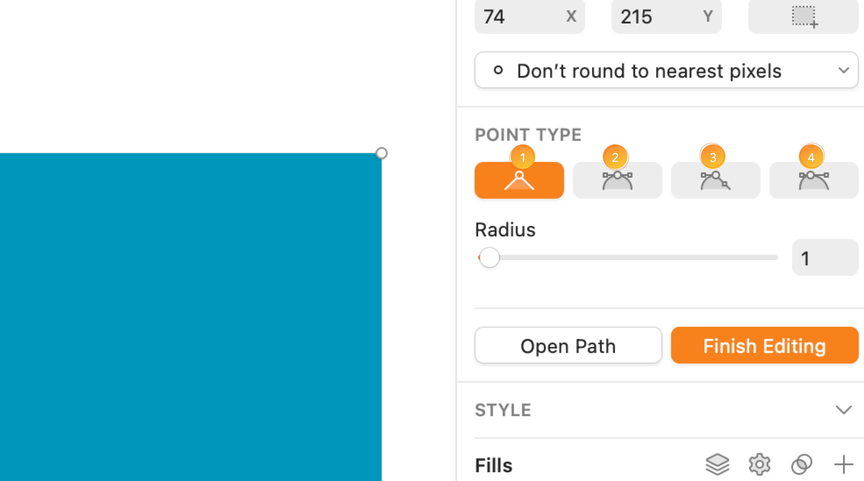 An annotated image showing the different point types when in vector editing mode